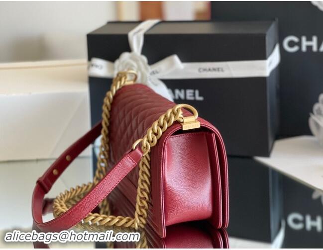 Free Shipping Chanel Original Grained Calfskin Medium Boy Flap Bag A02502 Burgundy 2023 Top Quality