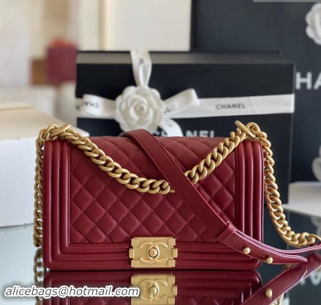 Free Shipping Chanel Original Grained Calfskin Medium Boy Flap Bag A02502 Burgundy 2023 Top Quality