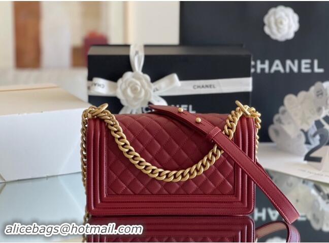 Free Shipping Chanel Original Grained Calfskin Medium Boy Flap Bag A02502 Burgundy 2023 Top Quality