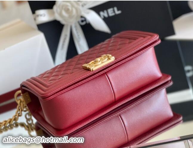 Free Shipping Chanel Original Grained Calfskin Medium Boy Flap Bag A02502 Burgundy 2023 Top Quality