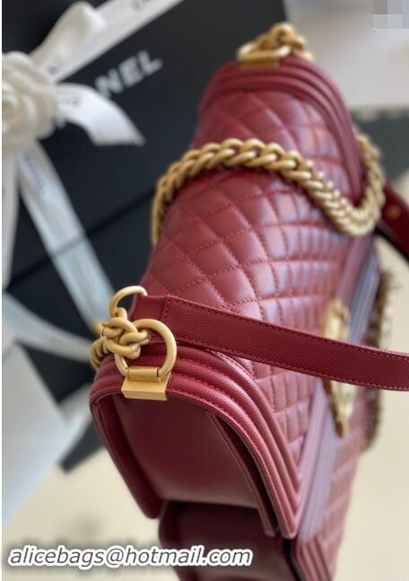 Free Shipping Chanel Original Grained Calfskin Medium Boy Flap Bag A02502 Burgundy 2023 Top Quality