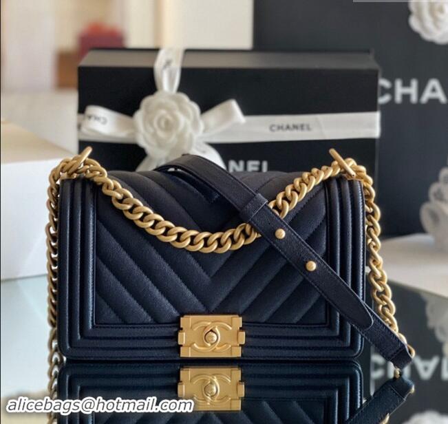 Well Crafted Chanel Original Grained Calfskin Chevron Medium Boy Flap Bag A02502 Gold/Deep Blue 2023 Top Quality