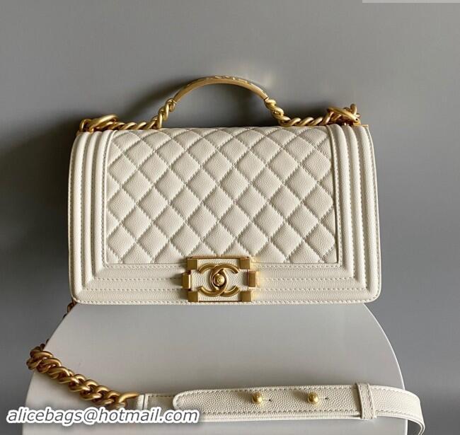 Well Crafted Chanel Boy Chanel Handbag with Handle in Grained Shiny Calfskin A94804 White