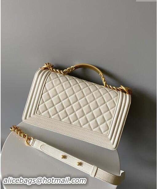 Well Crafted Chanel Boy Chanel Handbag with Handle in Grained Shiny Calfskin A94804 White