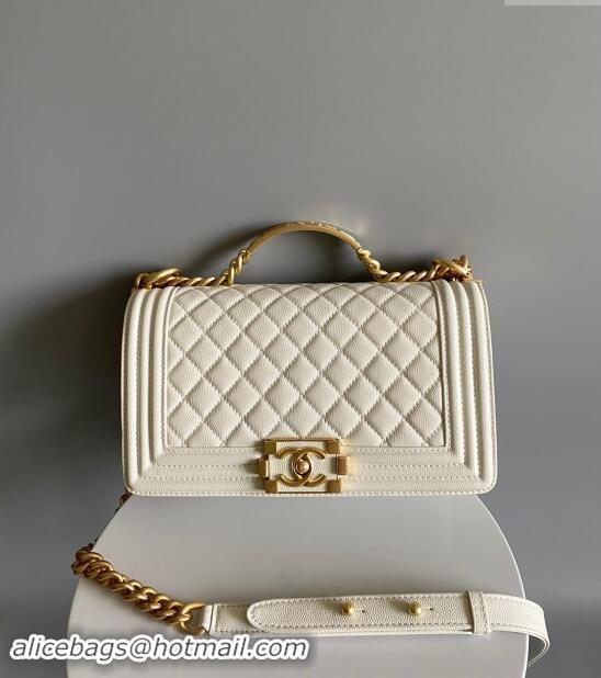 Well Crafted Chanel Boy Chanel Handbag with Handle in Grained Shiny Calfskin A94804 White