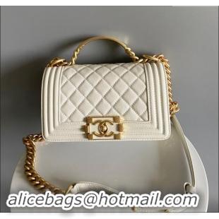 Best Price Chanel Small Boy Chanel Handbag with Handle in Grained Shiny Calfskin A94803 White