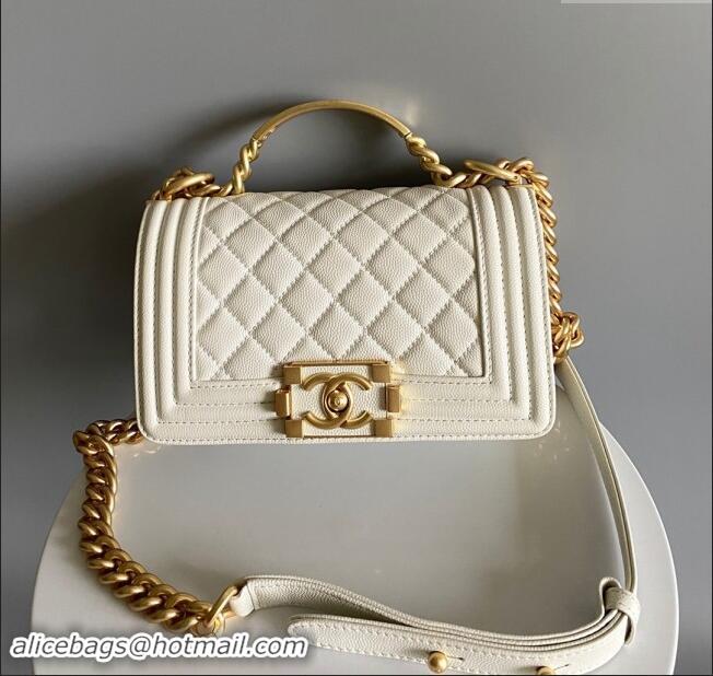 Best Price Chanel Small Boy Chanel Handbag with Handle in Grained Shiny Calfskin A94803 White