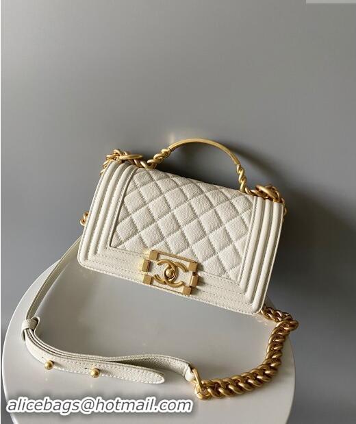 Best Price Chanel Small Boy Chanel Handbag with Handle in Grained Shiny Calfskin A94803 White