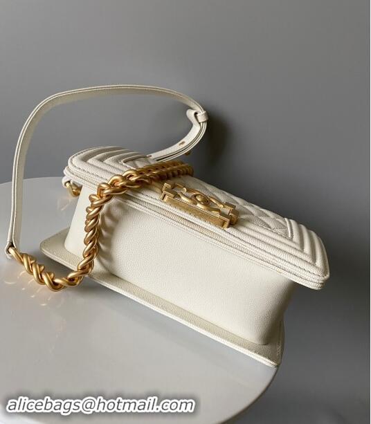 Best Price Chanel Small Boy Chanel Handbag with Handle in Grained Shiny Calfskin A94803 White