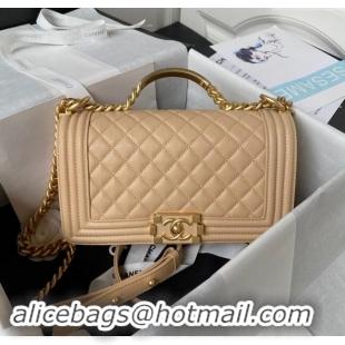 Famous Brand Chanel Boy Chanel Handbag with Handle in Grained Calfskin A94804 Apricot