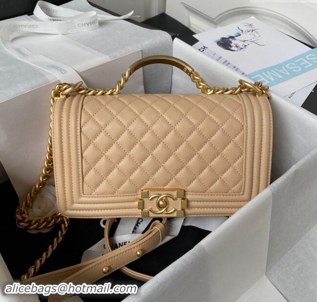 Famous Brand Chanel Boy Chanel Handbag with Handle in Grained Calfskin A94804 Apricot