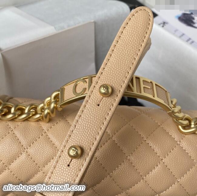 Famous Brand Chanel Boy Chanel Handbag with Handle in Grained Calfskin A94804 Apricot