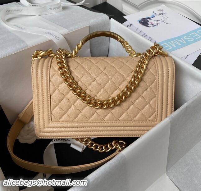 Famous Brand Chanel Boy Chanel Handbag with Handle in Grained Calfskin A94804 Apricot