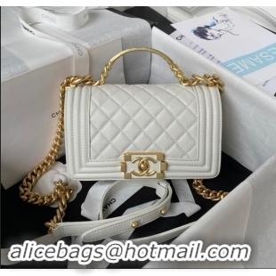 Buy Fashionable Chanel Small Boy Chanel Handbag with Handle in Grained Calfskin A94805 White