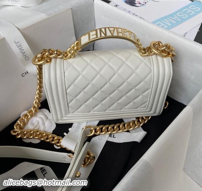 Buy Fashionable Chanel Small Boy Chanel Handbag with Handle in Grained Calfskin A94805 White