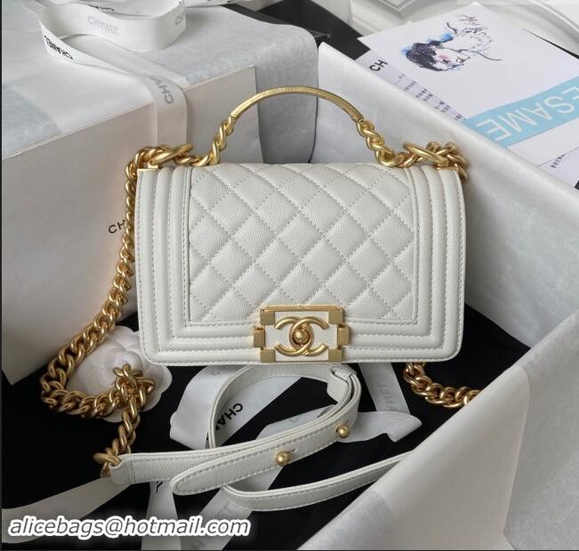 Buy Fashionable Chanel Small Boy Chanel Handbag with Handle in Grained Calfskin A94805 White