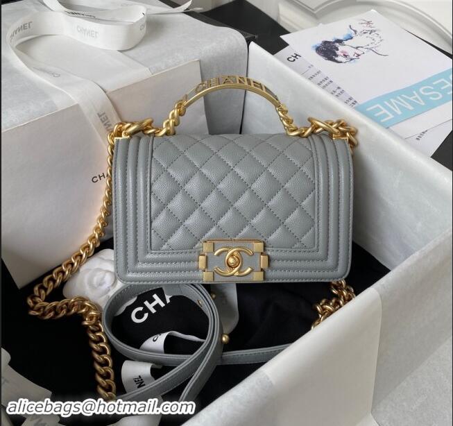 Famous Brand Chanel Small Boy Chanel Handbag with Handle in Grained Calfskin A94805 Grey