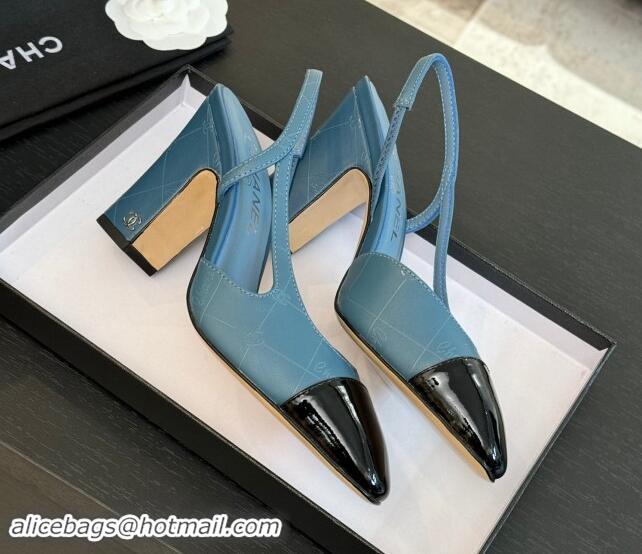 Unique Style Chanel Printed Quilted Lambskin & Patent Calfskin Slingbacks Pumps 9.5cm Blue 1121073