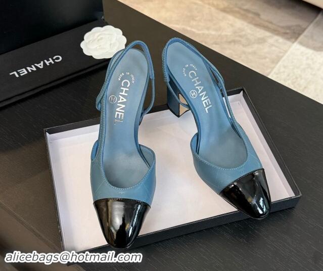 Unique Style Chanel Printed Quilted Lambskin & Patent Calfskin Slingbacks Pumps 9.5cm Blue 1121073