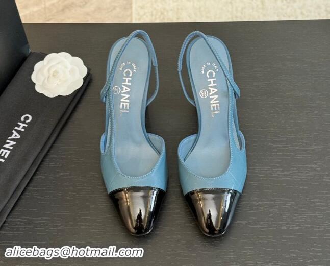 Unique Style Chanel Printed Quilted Lambskin & Patent Calfskin Slingbacks Pumps 9.5cm Blue 1121073