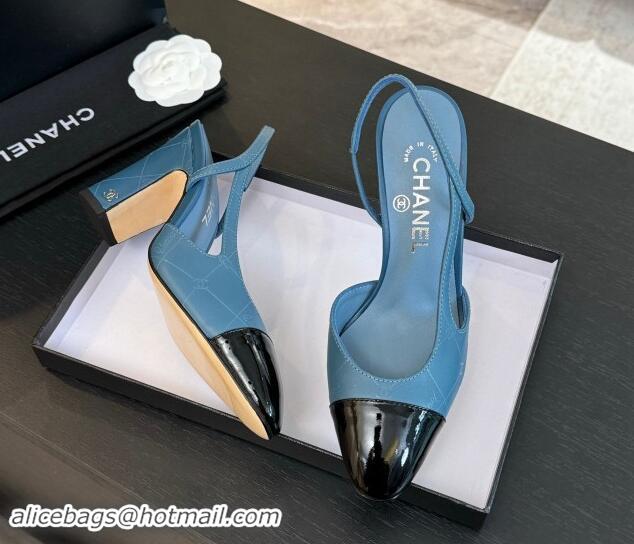 Unique Style Chanel Printed Quilted Lambskin & Patent Calfskin Slingbacks Pumps 9.5cm Blue 1121073