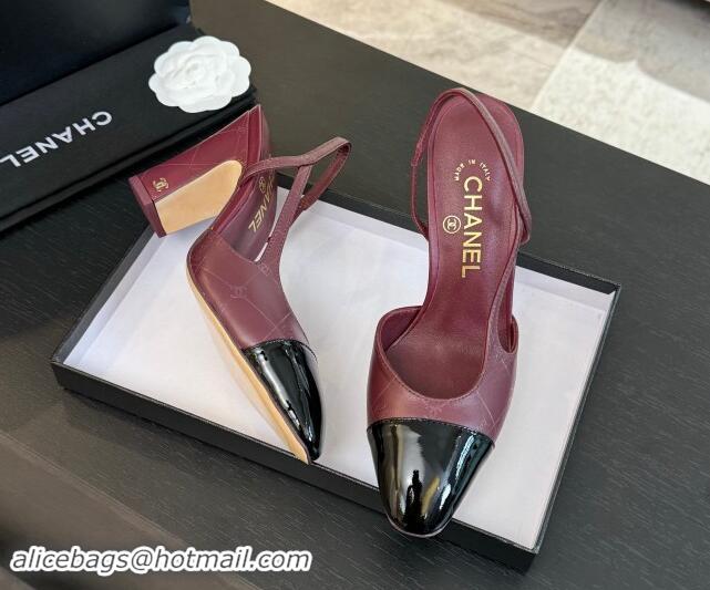 Best Price Chanel Printed Quilted Lambskin & Patent Calfskin Slingbacks Pumps 9.5cm Burgundy 1121074