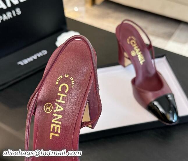 Best Price Chanel Printed Quilted Lambskin & Patent Calfskin Slingbacks Pumps 9.5cm Burgundy 1121074