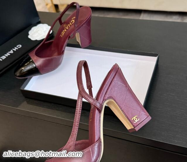 Best Price Chanel Printed Quilted Lambskin & Patent Calfskin Slingbacks Pumps 9.5cm Burgundy 1121074