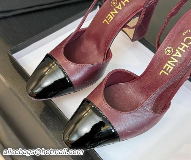 Best Price Chanel Printed Quilted Lambskin & Patent Calfskin Slingbacks Pumps 9.5cm Burgundy 1121074