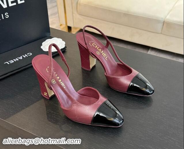 Best Price Chanel Printed Quilted Lambskin & Patent Calfskin Slingbacks Pumps 9.5cm Burgundy 1121074