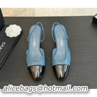 Grade Quality Chanel Printed Quilted Lambskin & Patent Calfskin Slingbacks Pumps 6.5cm Blue 1121076