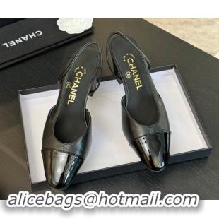 Top Grade Chanel Printed Quilted Lambskin & Patent Calfskin Slingbacks Pumps 6.5cm Black 1121078