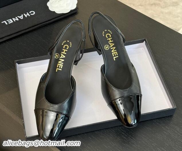 Top Grade Chanel Printed Quilted Lambskin & Patent Calfskin Slingbacks Pumps 6.5cm Black 1121078