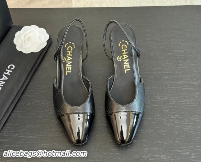 Top Grade Chanel Printed Quilted Lambskin & Patent Calfskin Slingbacks Pumps 6.5cm Black 1121078