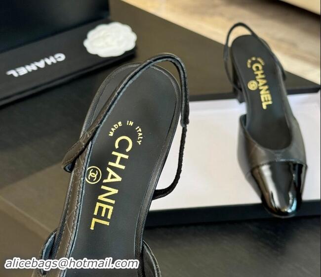 Top Grade Chanel Printed Quilted Lambskin & Patent Calfskin Slingbacks Pumps 6.5cm Black 1121078