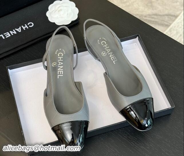 Best Grade Chanel Printed Quilted Lambskin & Patent Calfskin Slingbacks Flat Grey 1121081