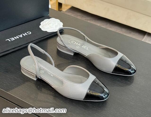 Best Grade Chanel Printed Quilted Lambskin & Patent Calfskin Slingbacks Flat Grey 1121081