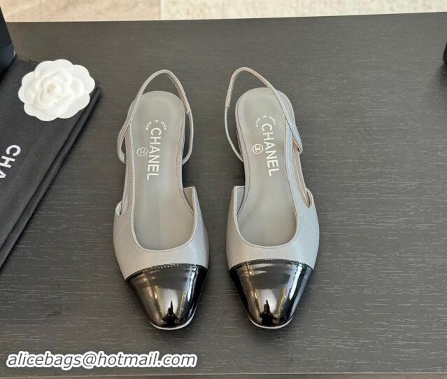 Best Grade Chanel Printed Quilted Lambskin & Patent Calfskin Slingbacks Flat Grey 1121081