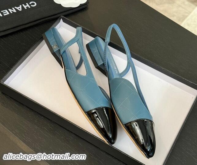 Good Quality Chanel Printed Quilted Lambskin & Patent Calfskin Slingbacks Flat Blue 1121082