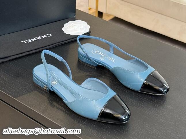 Good Quality Chanel Printed Quilted Lambskin & Patent Calfskin Slingbacks Flat Blue 1121082