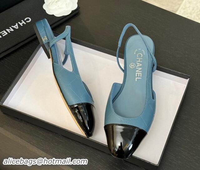 Good Quality Chanel Printed Quilted Lambskin & Patent Calfskin Slingbacks Flat Blue 1121082