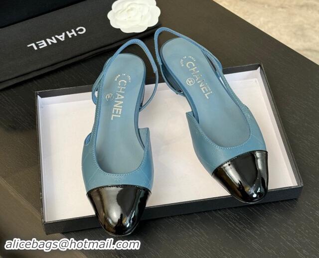 Good Quality Chanel Printed Quilted Lambskin & Patent Calfskin Slingbacks Flat Blue 1121082