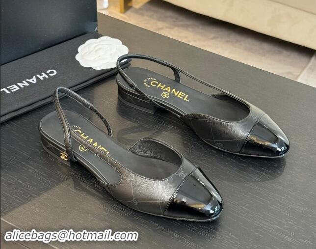 Shop Duplicate Chanel Printed Quilted Lambskin & Patent Calfskin Slingbacks Flat Black 1121084