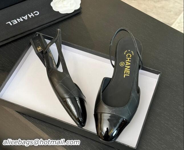 Shop Duplicate Chanel Printed Quilted Lambskin & Patent Calfskin Slingbacks Flat Black 1121084