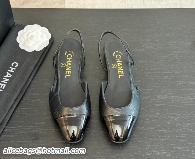 Shop Duplicate Chanel Printed Quilted Lambskin & Patent Calfskin Slingbacks Flat Black 1121084