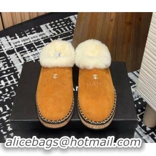 Good Looking Chanel Suede and Wool Flat Mules with Chain Brown 121085