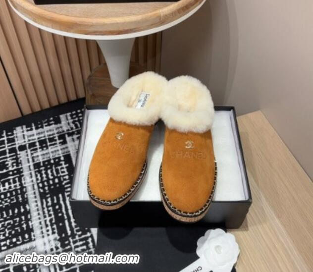 Good Looking Chanel Suede and Wool Flat Mules with Chain Brown 121085