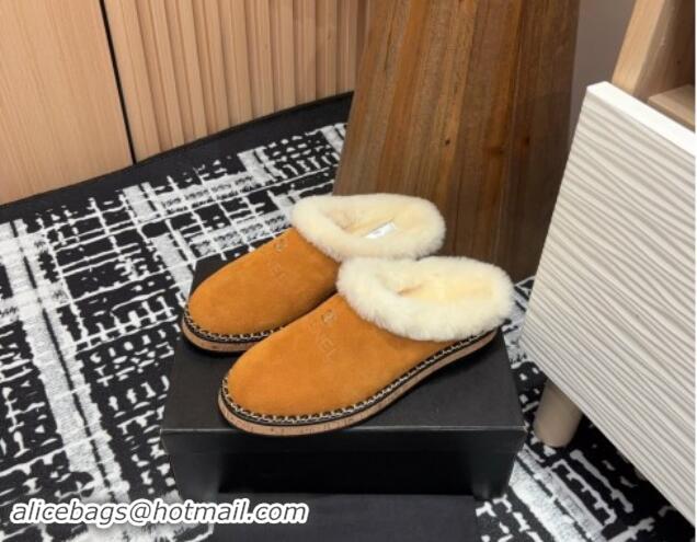 Good Looking Chanel Suede and Wool Flat Mules with Chain Brown 121085