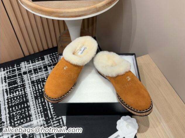 Good Looking Chanel Suede and Wool Flat Mules with Chain Brown 121085