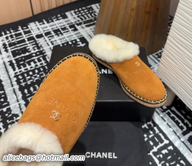 Good Looking Chanel Suede and Wool Flat Mules with Chain Brown 121085